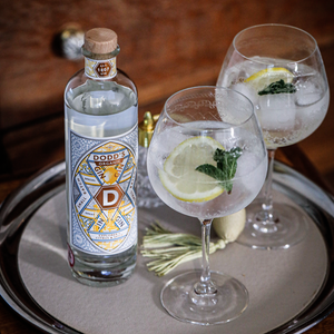 Dodds Explorer's Citrus & Spice Organic Gin with two glasses of gin and tonic